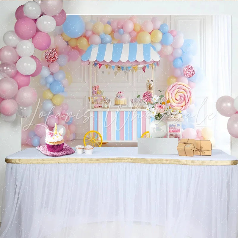 Lofaris Pastel Candy Cart Birthday Backdrop with Balloons and Lollipops Sweet Shop Photography Background for Kids Party Decor