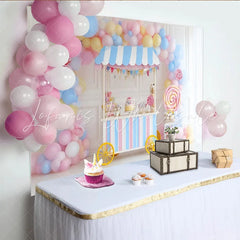 Lofaris Pastel Candy Cart Birthday Backdrop with Balloons and Lollipops Sweet Shop Photography Background for Kids Party Decor