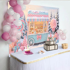 Lofaris Pastel Candy Cart Christmas Backdrop with Snowy Winter Scene Festive Sweet Shop Background for Holiday Party Decor