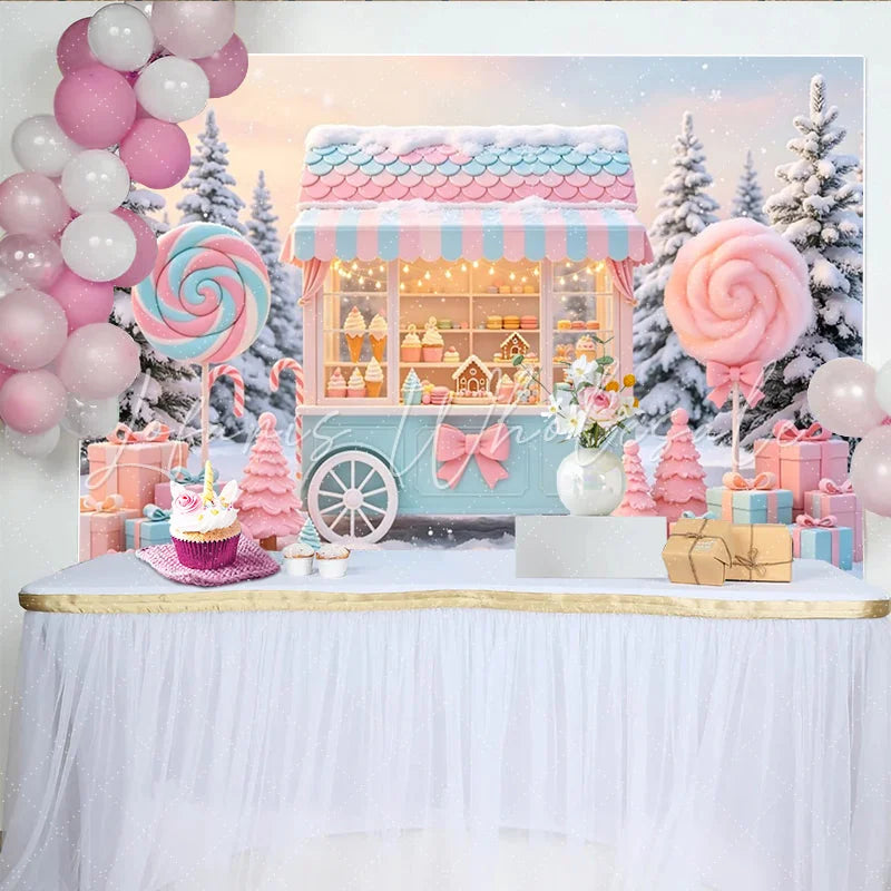 Lofaris Pastel Candy Cart Christmas Backdrop with Snowy Winter Scene Festive Sweet Shop Background for Holiday Party Decor
