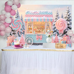 Lofaris Pastel Candy Cart Christmas Backdrop with Snowy Winter Scene Festive Sweet Shop Background for Holiday Party Decor