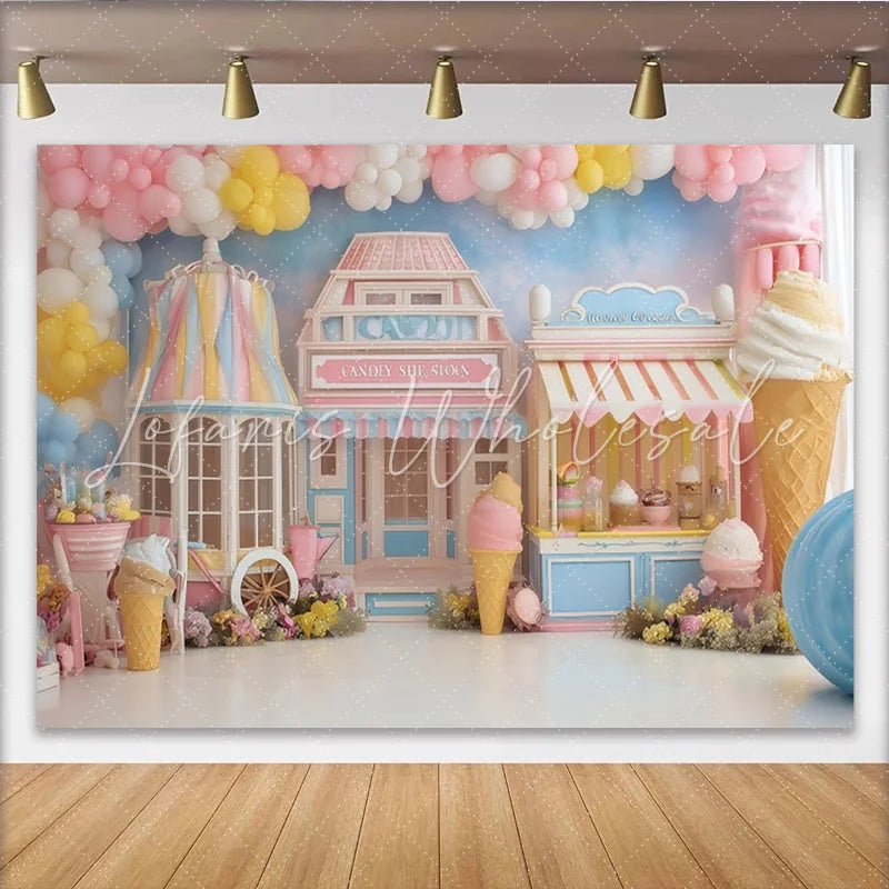Lofaris Pastel Candy Ice Cream Shop Birthday Backdrop with Balloons Sweet Photography Background for Kids Party Decor
