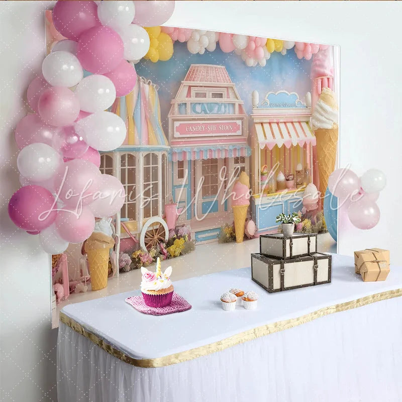 Lofaris Pastel Candy Ice Cream Shop Birthday Backdrop with Balloons Sweet Photography Background for Kids Party Decor
