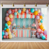 Lofaris Pastel Candy Land Birthday Backdrop with Colorful Balloons and Sweet Shop Theme Festive Party Background for Photoshoot Decor