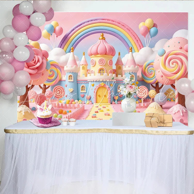 Lofaris Pastel Candy Land Castle Birthday Backdrop with Rainbow and Lollipops Sweet Fairytale Background for Girls’ Party Decoration