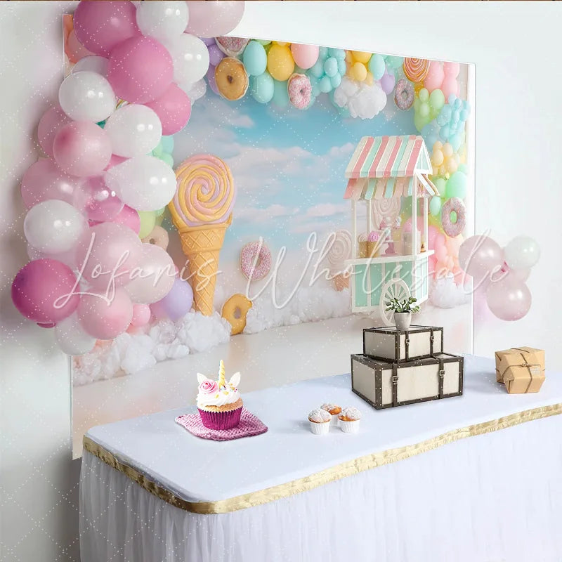 Lofaris Pastel Candy Land Photography Backdrop with Balloons Dreamy Sweet Shop Background for Kids Party Photoshoot.