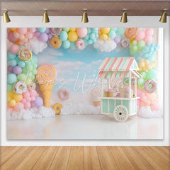 Lofaris Pastel Candy Land Photography Backdrop with Balloons Dreamy Sweet Shop Background for Kids Party Photoshoot.