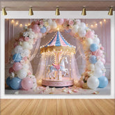 Lofaris Pastel Carousel Birthday Backdrop with Pink and Blue Balloons Elegant Photo Booth Background for Baby Shower or Kids Party