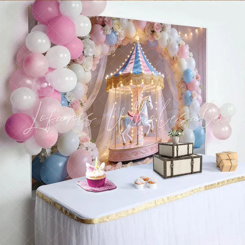 Lofaris Pastel Carousel Birthday Backdrop with Pink and Blue Balloons Elegant Photo Booth Background for Baby Shower or Kids Party