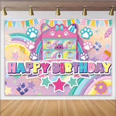 Lofaris Pastel Cat Dollhouse Birthday Backdrop with Paw Prints and Rainbow Sweet Happy Birthday Party Background for Girls Photoshoot.