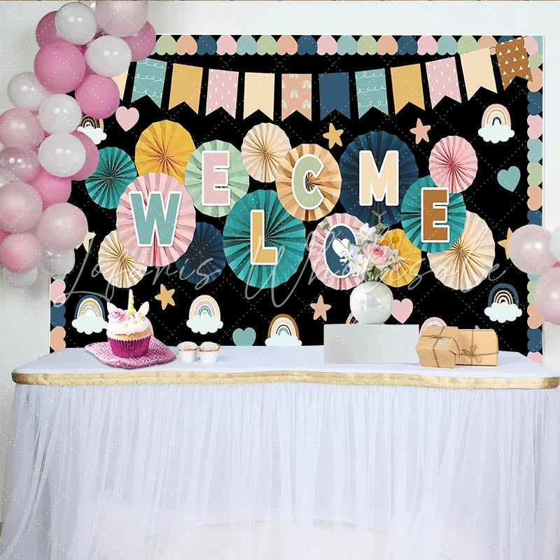 Lofaris Pastel Colorful Welcome Photography Backdrop with Rainbows and Paper Fans Cheerful Studio Background for Party Decor