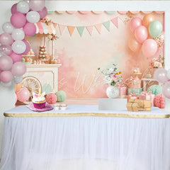 Lofaris Pastel Dessert Cart Birthday Backdrop with Balloons and Gifts Sweet Watercolor Background for Baby Shower or Photoshoot