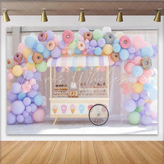Lofaris Pastel Donut Birthday Backdrop with Balloon Arch Sweet Dessert Cart Decor for Kids Party