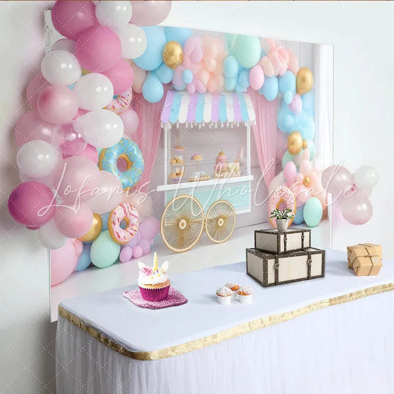 Lofaris Pastel Donut Birthday Backdrop with Sweet Dessert Cart and Balloons Charming Party Decor for Kids Photoshoot and Celebration