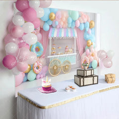 Lofaris Pastel Donut Birthday Backdrop with Sweet Dessert Cart and Balloons Charming Party Decor for Kids Photoshoot and Celebration
