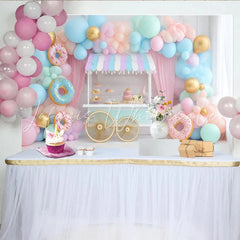 Lofaris Pastel Donut Birthday Backdrop with Sweet Dessert Cart and Balloons Charming Party Decor for Kids Photoshoot and Celebration