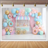 Lofaris Pastel Donut Birthday Backdrop with Sweet Dessert Cart and Balloons Charming Party Decor for Kids Photoshoot and Celebration