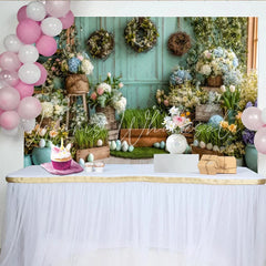 Lofaris Pastel Easter Backdrop with Spring Flowers and Eggs Rustic Wood Wall Photography Background for Holiday Party
