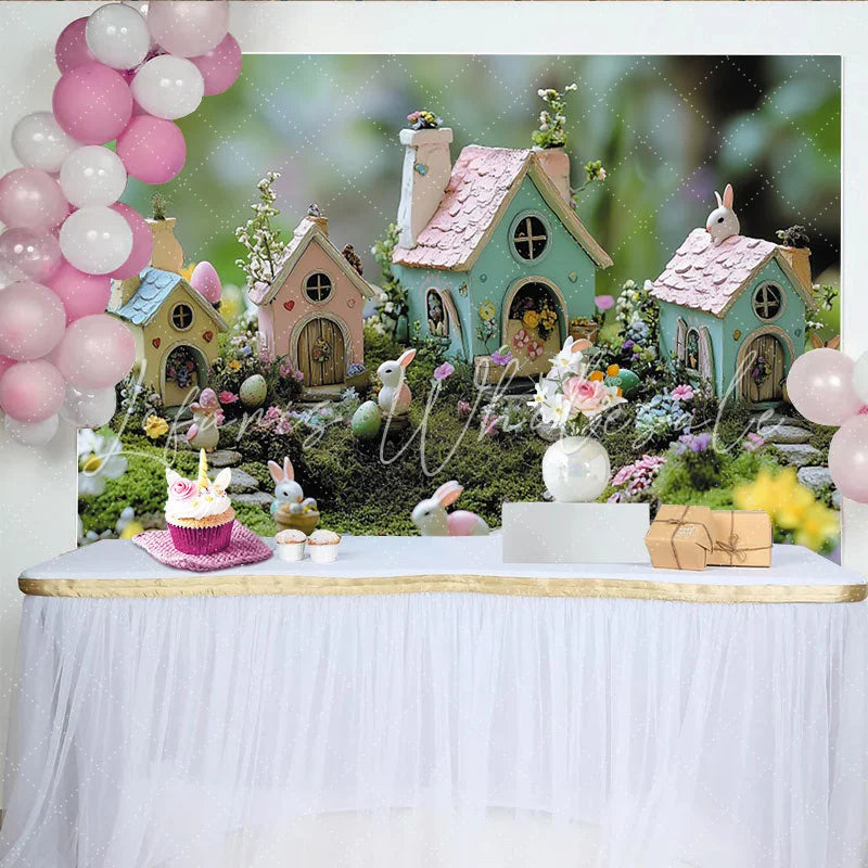 Lofaris Pastel Easter Photography Backdrop with Bunnies and Fairy Houses Whimsical Spring Decor for Party and Photoshoot