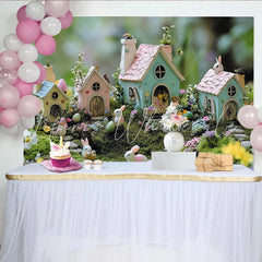 Lofaris Pastel Easter Photography Backdrop with Bunnies and Fairy Houses Whimsical Spring Decor for Party and Photoshoot