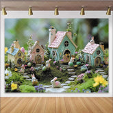 Lofaris Pastel Easter Photography Backdrop with Bunnies and Fairy Houses Whimsical Spring Decor for Party and Photoshoot