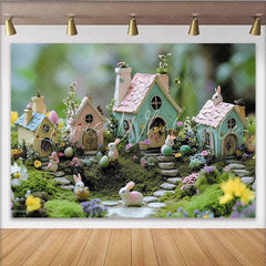 Lofaris Pastel Easter Photography Backdrop with Bunnies and Fairy Houses Whimsical Spring Decor for Party and Photoshoot