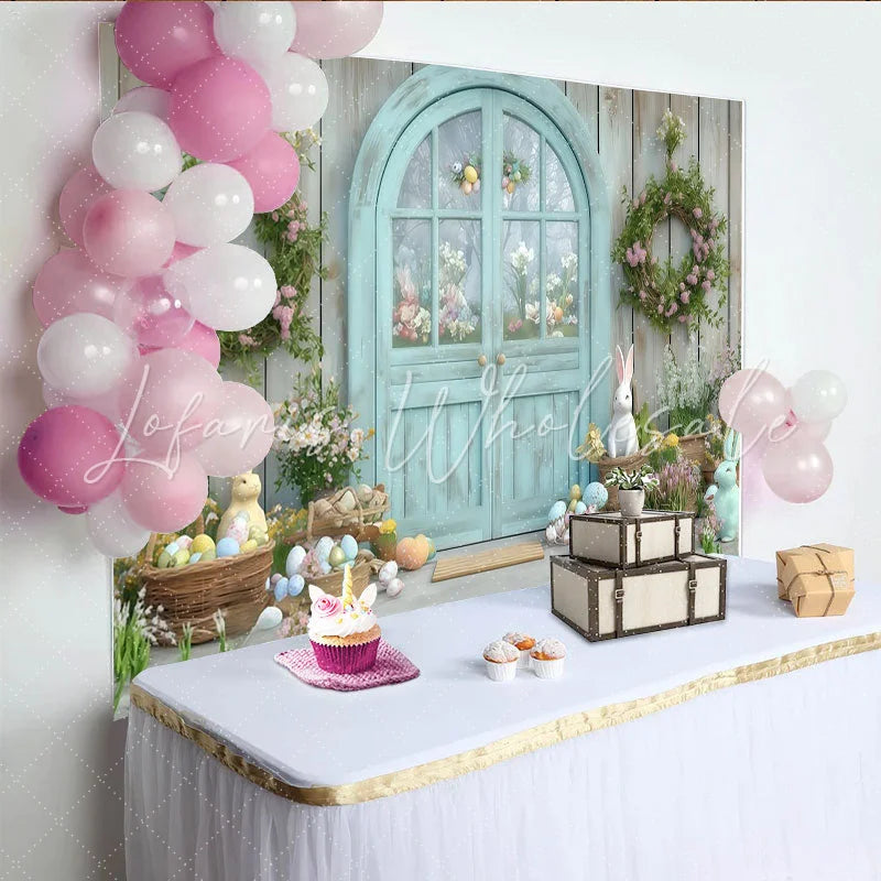 Lofaris Pastel Easter Spring Party Backdrop with Rustic Wooden Door Floral Wreaths and Cute Bunnies
