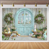 Lofaris Pastel Easter Spring Party Backdrop with Rustic Wooden Door Floral Wreaths and Cute Bunnies