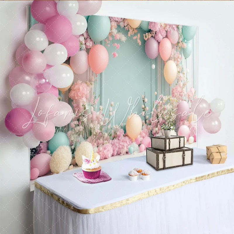 Lofaris Pastel Floral Baby Shower Backdrop with Pink Flowers and Balloons Elegant Photography Background for Newborn or Party Decoration