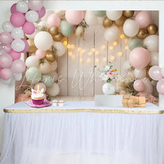 Lofaris Pastel Floral Balloon Baby Shower Backdrop with White Wood and String Lights Elegant Party Decor for Photoshoot
