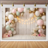 Lofaris Pastel Floral Balloon Baby Shower Backdrop with White Wood and String Lights Elegant Party Decor for Photoshoot