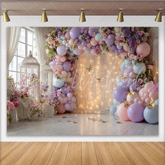 Lofaris Pastel Floral Balloon Photography Backdrop with Golden Butterflies Elegant Studio Background for Party Decoration and Photoshoot