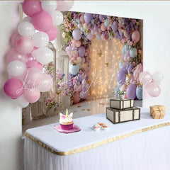Lofaris Pastel Floral Balloon Photography Backdrop with Golden Butterflies Elegant Studio Background for Party Decoration and Photoshoot