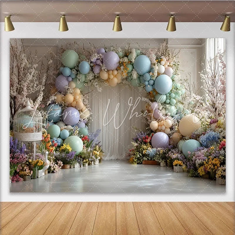 Lofaris Pastel Floral Balloon Photography Backdrop with Spring Flowers and Birdcage Elegant Studio Background for Photoshoot Party Decor