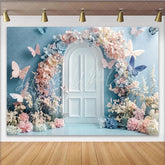 Lofaris Pastel Floral Butterfly Photography Backdrop with Arched Door Dreamy Studio Background for Photoshoot and Party Decor