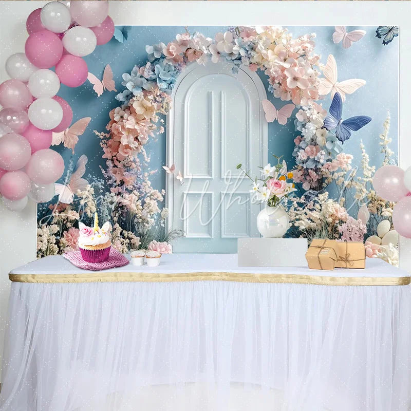 Lofaris Pastel Floral Butterfly Photography Backdrop with Arched Door Dreamy Studio Background for Photoshoot and Party Decor