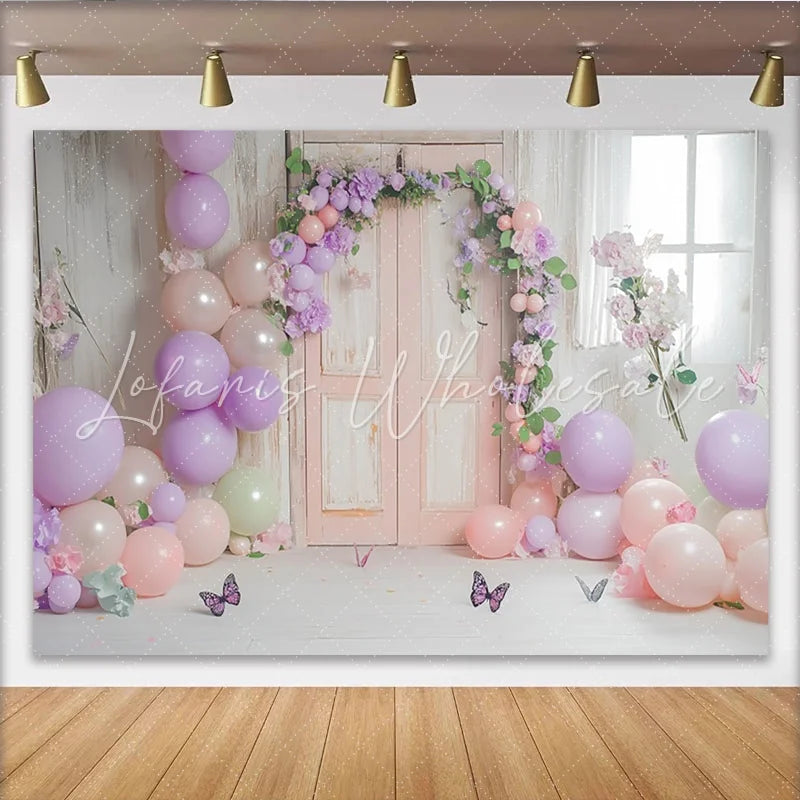 Lofaris Pastel Floral Door Photography Backdrop with Balloons Dreamy Studio Background for Spring Portrait Photoshoot