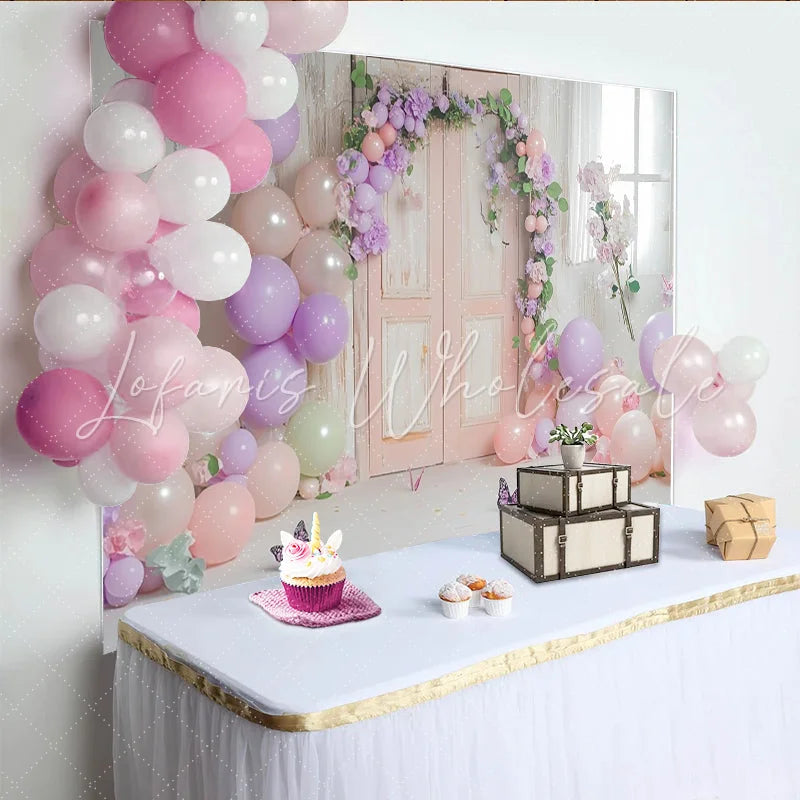 Lofaris Pastel Floral Door Photography Backdrop with Balloons Dreamy Studio Background for Spring Portrait Photoshoot
