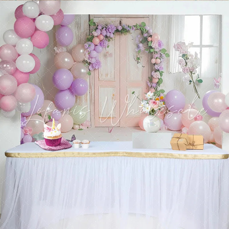 Lofaris Pastel Floral Door Photography Backdrop with Balloons Dreamy Studio Background for Spring Portrait Photoshoot