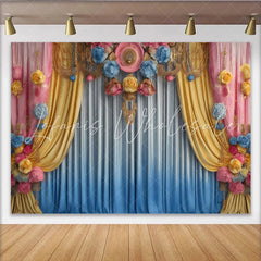 Lofaris Pastel Floral Stage Backdrop Yellow and Blue Drapes with Pink Ornaments Party Banner