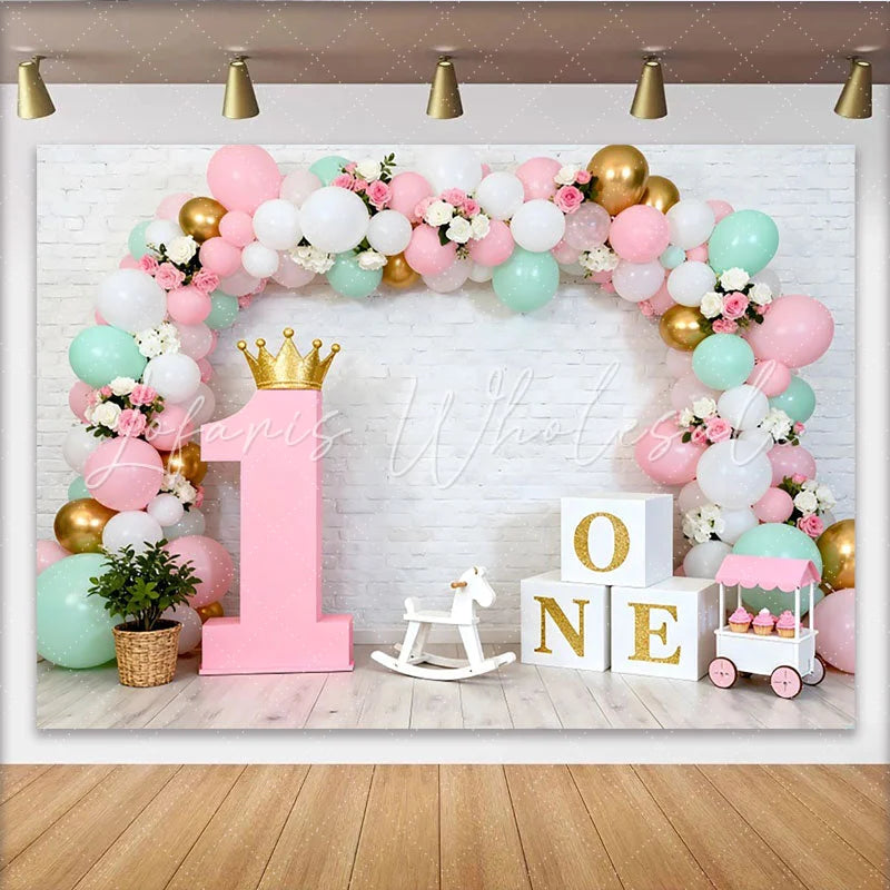 Lofaris Pastel Green Balloon First Birthday Backdrop Gold Crown Pink 1 Sign Girl Party Background