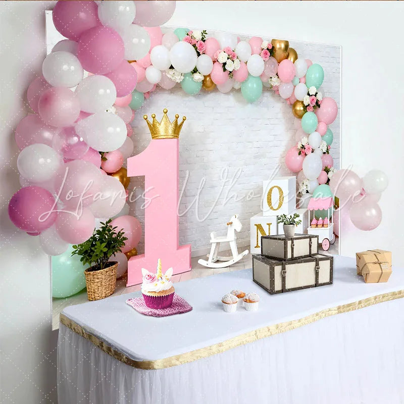 Lofaris Pastel Green Balloon First Birthday Backdrop Gold Crown Pink 1 Sign Girl Party Background
