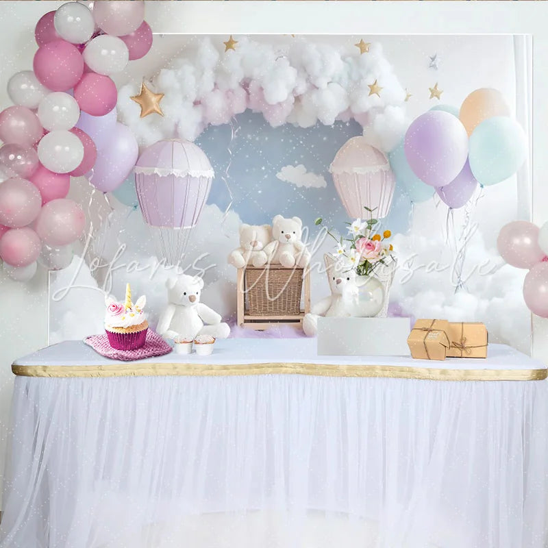 Lofaris Pastel Hot Air Balloon Baby Shower Backdrop with Clouds and Stars Dreamy Photography Background for Newborn or Kids Party