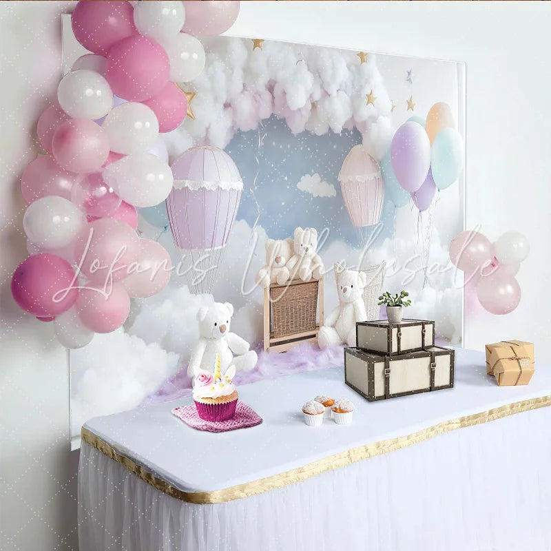 Lofaris Pastel Hot Air Balloon Baby Shower Backdrop with Clouds and Stars Dreamy Photography Background for Newborn or Kids Party