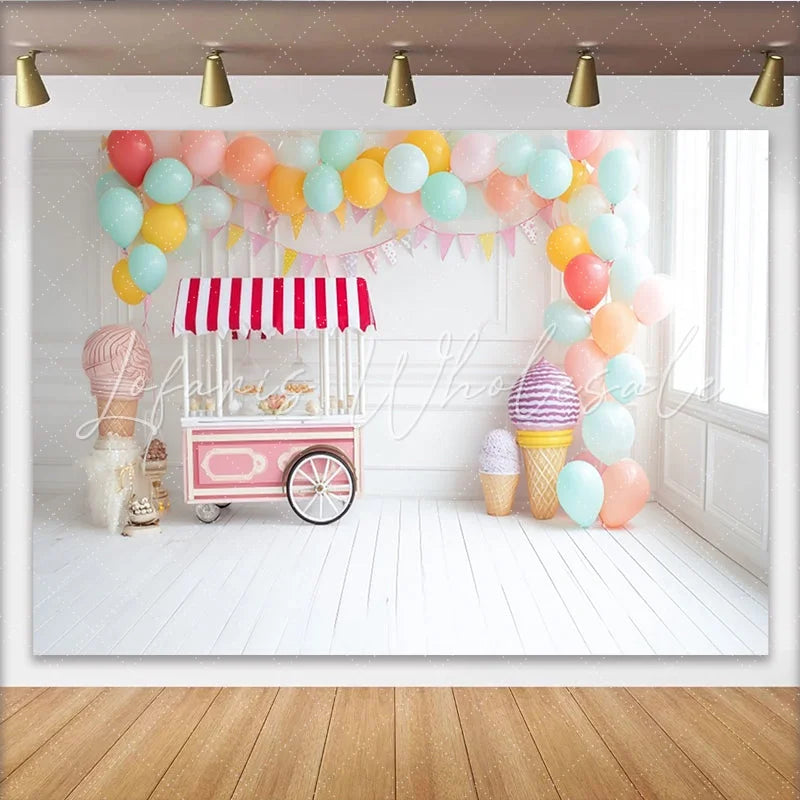 Lofaris Pastel Ice Cream Birthday Backdrop with Balloons and Sweet Cart White Wood Floor Photography Background for Cake Smash Party