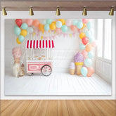 Lofaris Pastel Ice Cream Birthday Backdrop with Balloons and Sweet Cart White Wood Floor Photography Background for Cake Smash Party