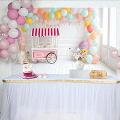 Lofaris Pastel Ice Cream Birthday Backdrop with Balloons and Sweet Cart White Wood Floor Photography Background for Cake Smash Party