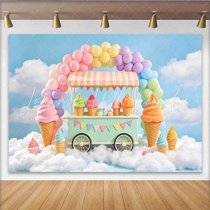 Lofaris Pastel Ice Cream Cart Birthday Backdrop with Rainbow Balloons Sweet Dessert Shop Background for Kids Party Photoshoot
