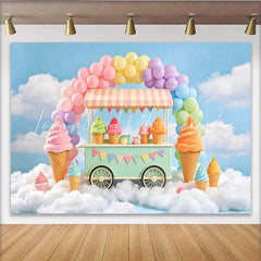 Lofaris Pastel Ice Cream Cart Birthday Backdrop with Rainbow Balloons Sweet Dessert Shop Background for Kids Party Photoshoot