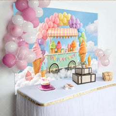Lofaris Pastel Ice Cream Cart Birthday Backdrop with Rainbow Balloons Sweet Dessert Shop Background for Kids Party Photoshoot